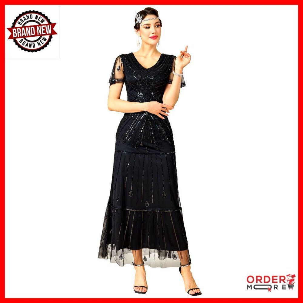 Flapper Sequin Beaded Maxi Dress V-Neck Formal Evening Gown Wedding